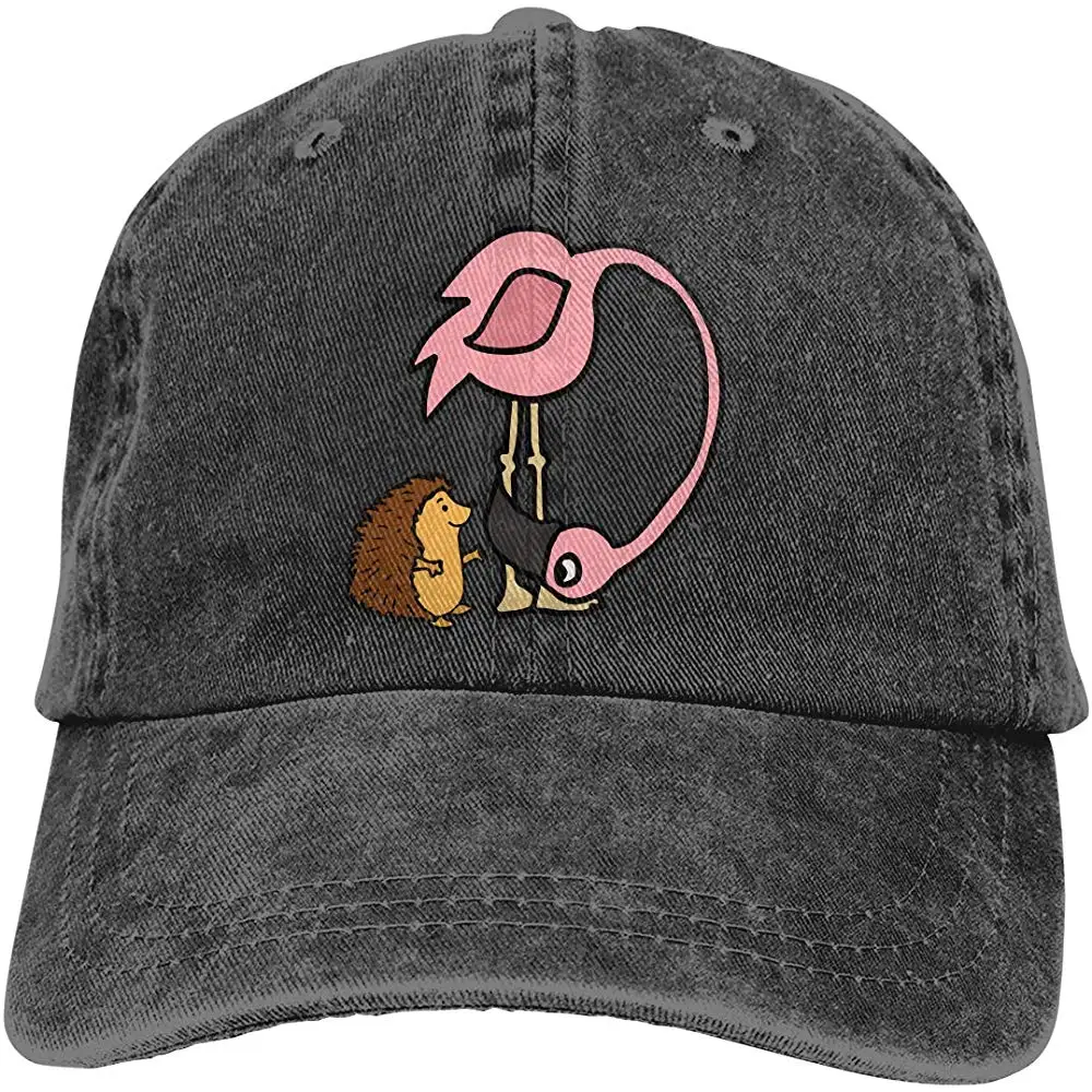 Джинсовая Бейсболка унисекс с эффектом потертости и изображением ежика и фламинго, Кепка от солнца с регулируемой застежкой сзади, Кепка водителя грузовика