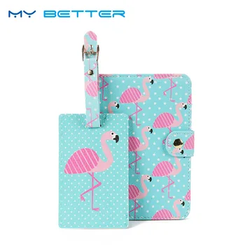 

2PCS/Set PU Holder Women Travel Passport Cartoon Passport Cover ID Credit Card Flamingo Luggage Tag