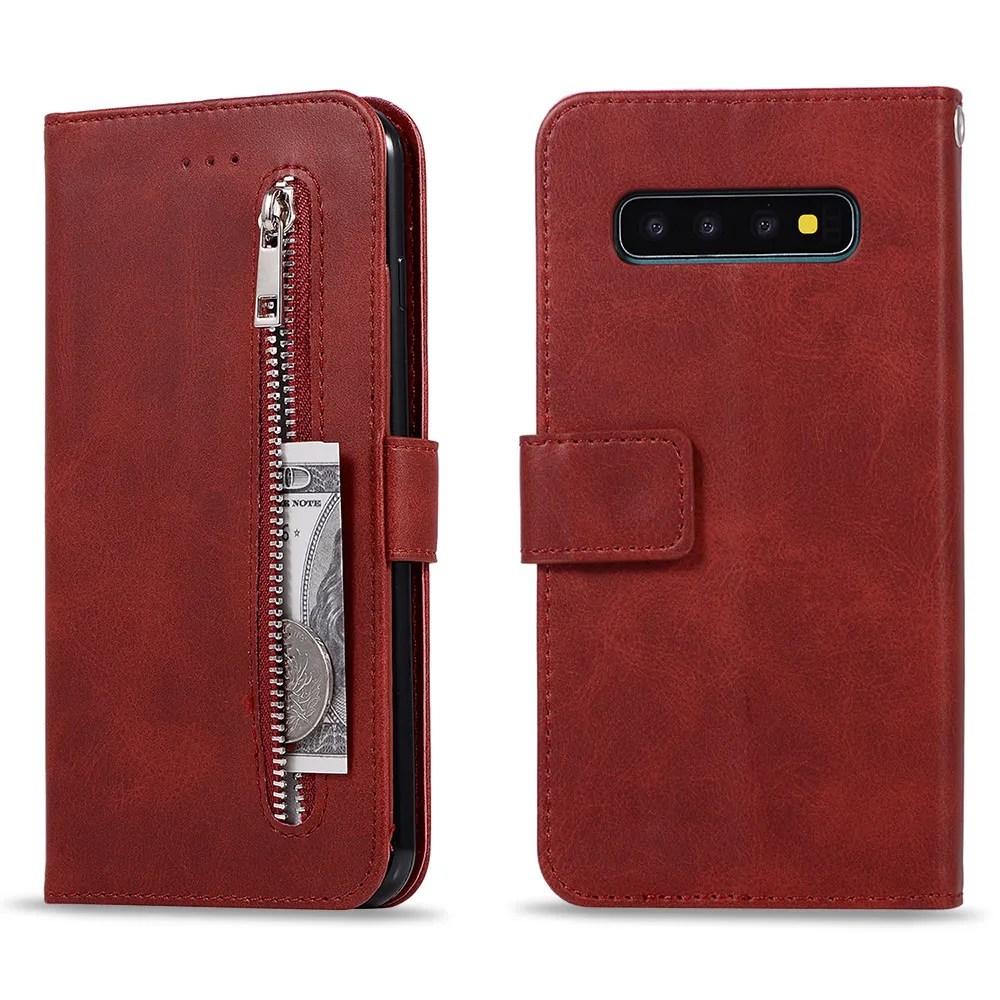 Чехол-книжка LAPOPNUT Folio с откидной крышкой, кожаный кошелек на молнии, чехол для samsung Galaxy S9, S8, S10 Plus, S10e, Note10, S7 Edge, противоударный, полный Чехол - Цвет: Wine Red