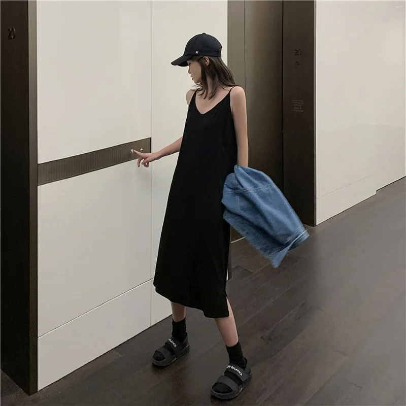 Sexy Women Black Maxi Dress Loose Long Dresses Sleeveless V-neck Solid Color Split Pus Size | Женская одежда