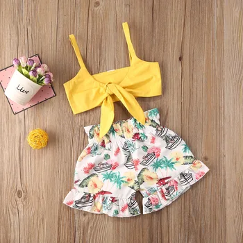 

Cute Casual Summer Toddler Baby Girls Clothes Sets Flowers Sleeveless Bowknot Vest Tops+Ruffles Shorts 2Pcs Kids Infant Outfit