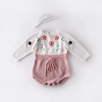 

2019 Autumn Romper Baby Knitted Pure Hand-made Flower Embroidered Conjoined Clothes Girl Sweater Jumpsuit