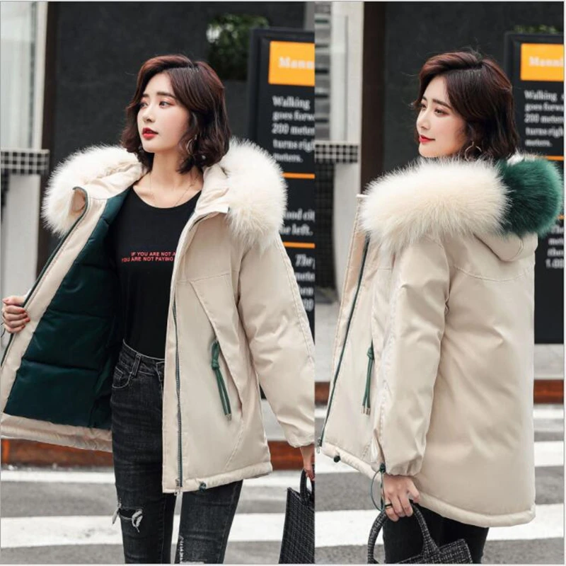 

Lingwave Short Large Size Women Parker Coat Winter New Multicolour Fur Collar Hooded Loose Female Cotton Padded Outerwear C925