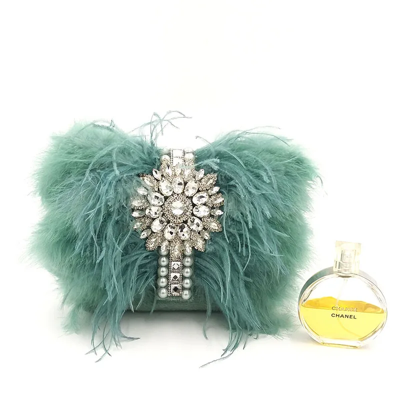 Women evening bag Luxury Real Ostrich Feathers Handbag Women's Pouch Purse Luxury Diamond Evening Party Clutch Bag