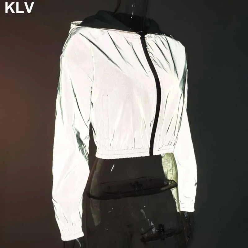 

2019 Autumn Women's Reflective Long Sleeve Hooded Zip-Up Youth Crop Tops Night Running Windbreak Short Coat Jacket T3LC