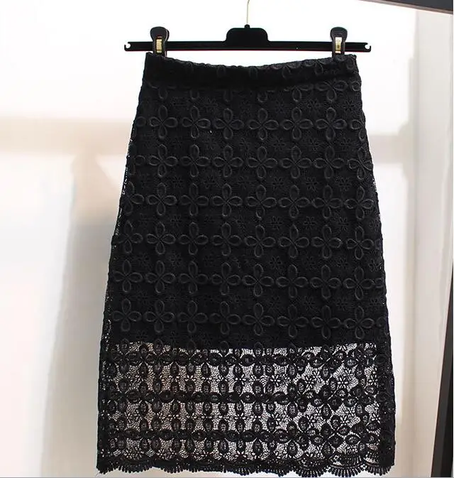 Черный Women High Waist Pencil Skirts Spring Summer Crochet Hollow Our Floral Lace Elegant Tube Office Lady Skirt saias - Цвет: Черный
