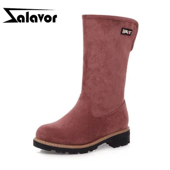 

ZALOVER 2020 New Women Chunky Heels Casual Mid Calf Boots Round Toe Winter Warm Fur Shoes Snow Boots Footwear Size 32-43