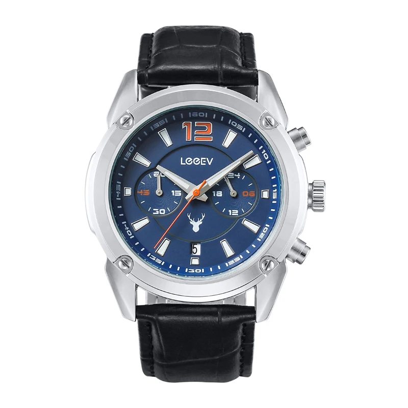 LeeEv мужской спортивный кожаный для часов военный хронограф светящийся Аналоговый кварцевые многофункциональные наручные часы для подарков - Цвет: SWA001D-Silver-Blue