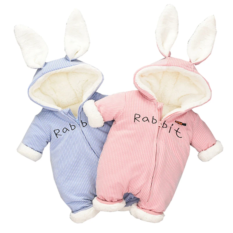 Зимние флисовые бархатные комбинезоны для новорожденных; комбинезоны; одежда для маленьких мальчиков и девочек с милым рисунком кролика; плотные теплые пальто из чистого хлопка