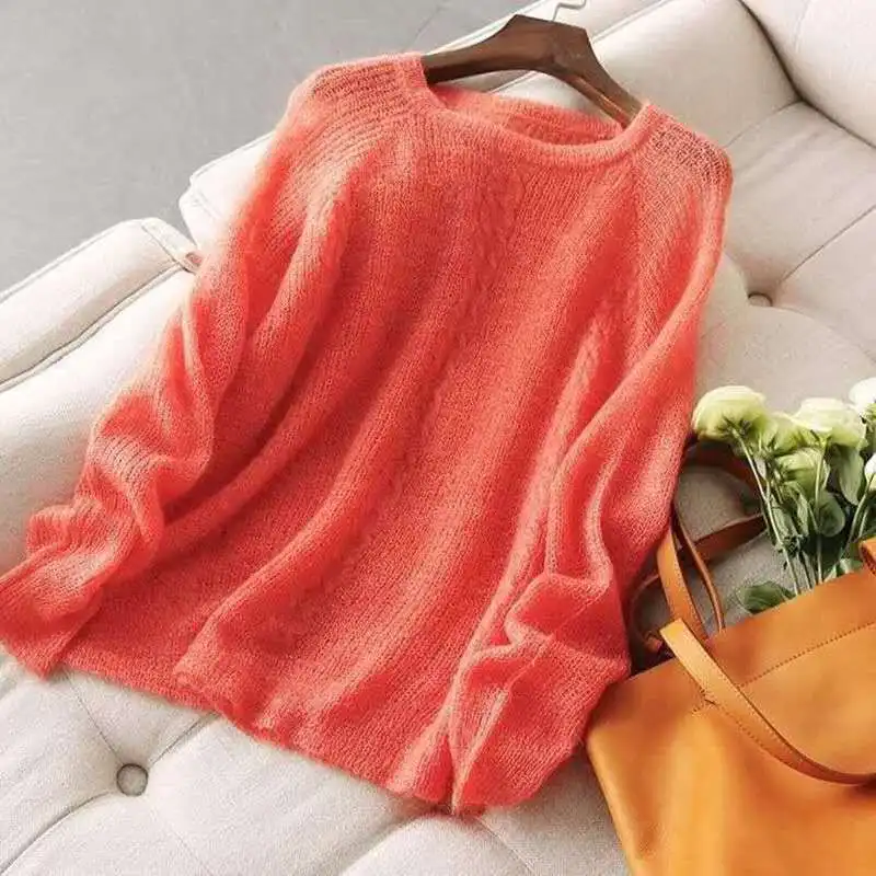 Long-sleeved Round Neck Thin Sweater Women Loose Solid Color Hollow Simple Bottoming Pullover Sweater Female Spring Summer 2020