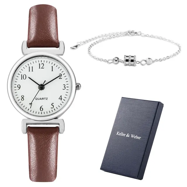 Business Women Quartz Watch Noble Brown Leather Strap Watch Silver Bracelet Ladies Christmas Gifts Set with Box for Mother Gift Set D