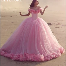 Модное Розовое Бальное платье Бальные платья с открытыми плечами с цветочной аппликацией вечерние платья с шлейфом из тюля