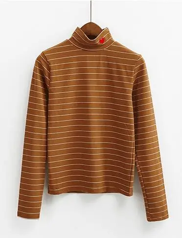 Stripe Khaki Женский Harajuku сердце вышивка любовь маленький эластичный плотный Высокий Воротник Базовая футболка женская Kawaii Панк Топы И Футболки - Цвет: Stripe Khaki