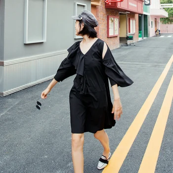 

Summer New 2019 Women Dress Cotton Solid Color Casual Ladies Dress Three Quarter Sleeve Korean Style Women Clothing