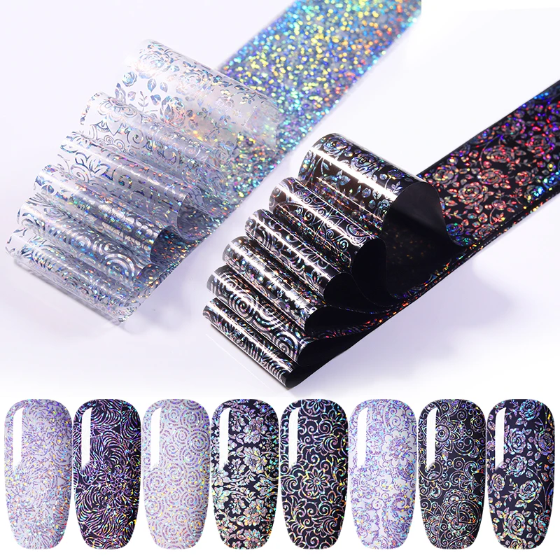 1 Лист наклейки из фольги для ногтей голографические серебряные лазерные белые черные цветы кружева смешанными узорами, дизайн ногтей наклейки украшения ногтей