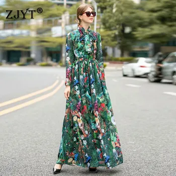 

2020 Spring New Fashion Long Maxi Runway Dress Women Elegant Bow Collar Vintage Floral Print Holiday Chiffon Dress Green