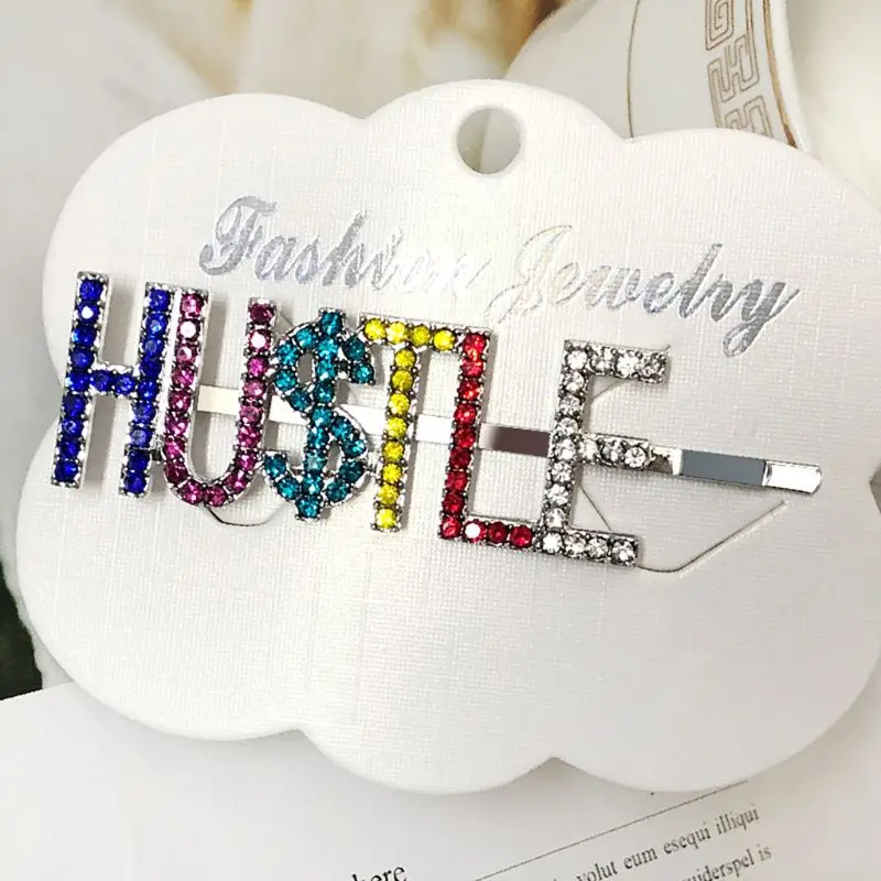 Женская забавная заколка для волос в стиле Харадзюку с надписью Hustle радужные разноцветные стразы, украшенные ювелирное изделие в виде заколки с боковой челкой