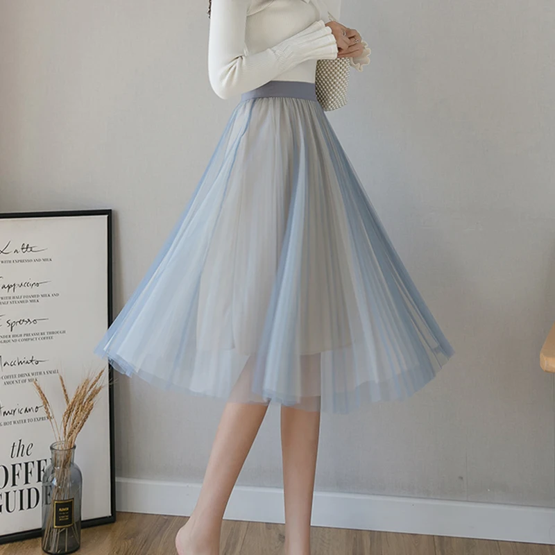 Женская Тюлевая плиссированная юбка розовая и серая сетчатая средней длины