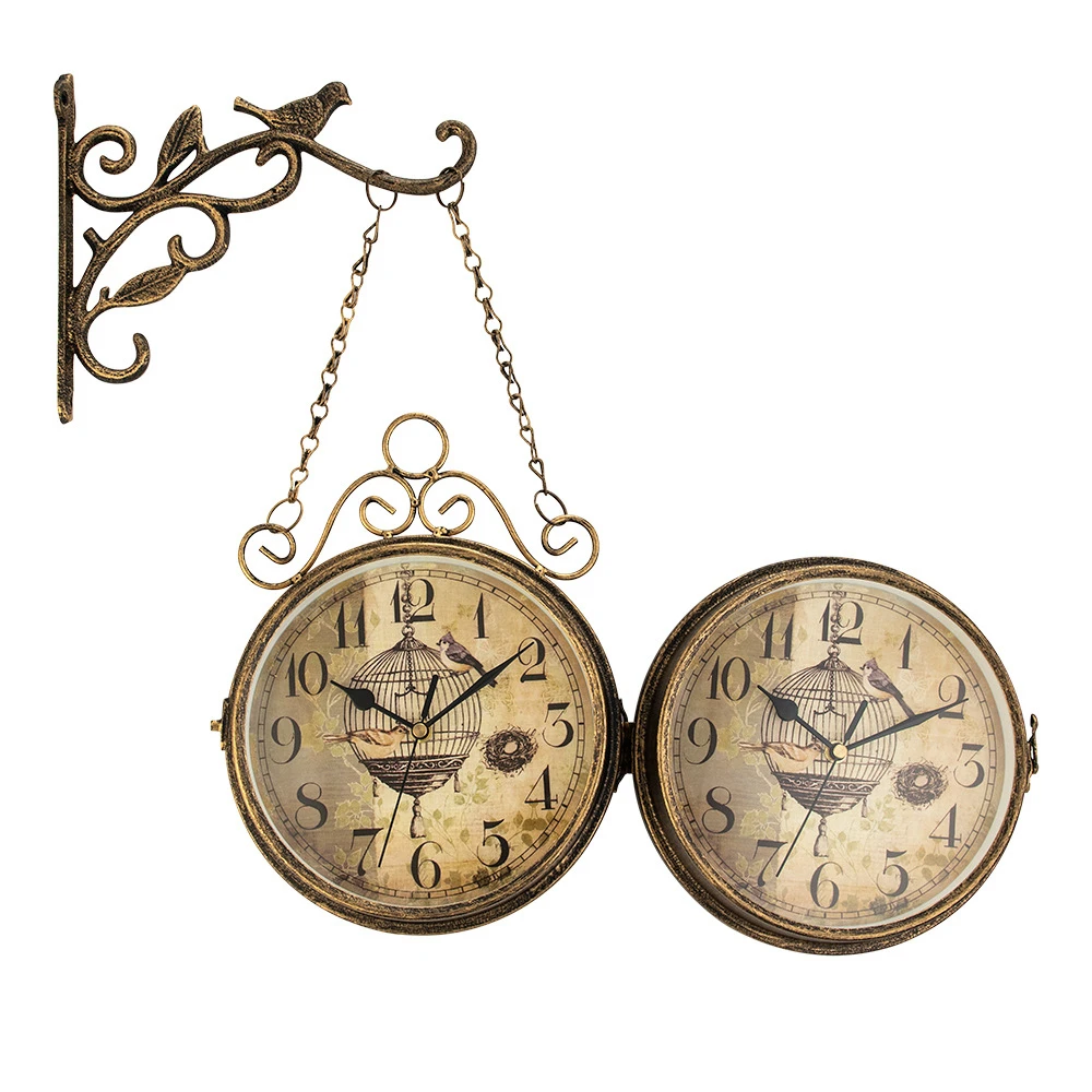 Retro European style classic bracket wall clock Double-sided display time  Iron Train Station Style Round Clock with Scroll Wall