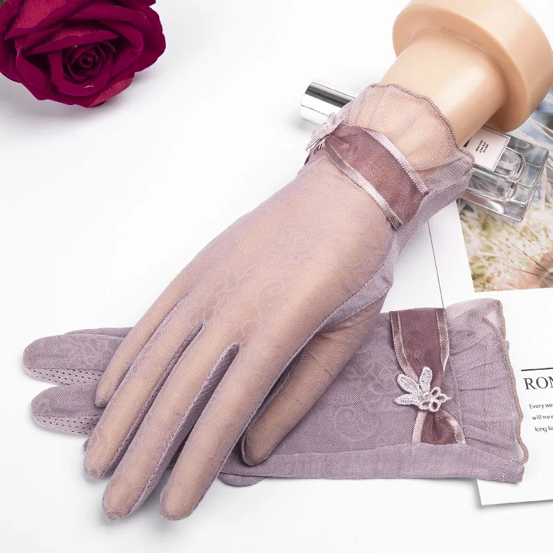 Purple Женские кружевные велосипедные перчатки для вождения, сенсорные перчатки с дышащим цветком, ретро оттенок для банкета, для взрослых - Цвет: Purple