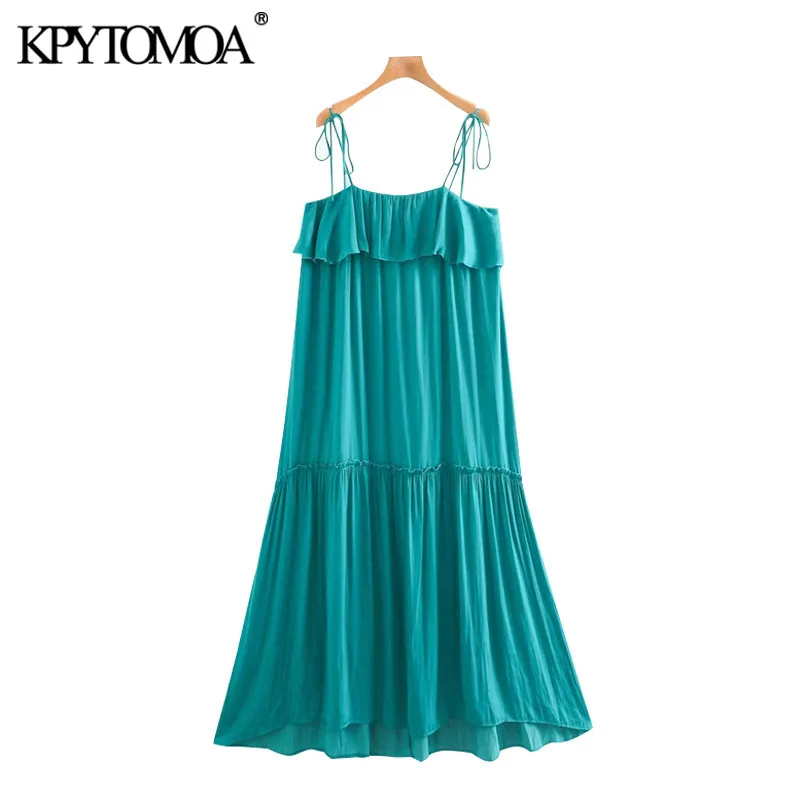 KPYTOMOA Women 2020 Chic Fashion Ruffled Pleated Midi Dress Vintage Backless Adjustable Tie Straps Female Dresses Vestidos Mujer KPYTOMOA Women 2020 Chic Fashion Ruffled Pleated Midi Dress Vintage Backless Adjustable Tie Straps Female Dresses Vestidos Mujer