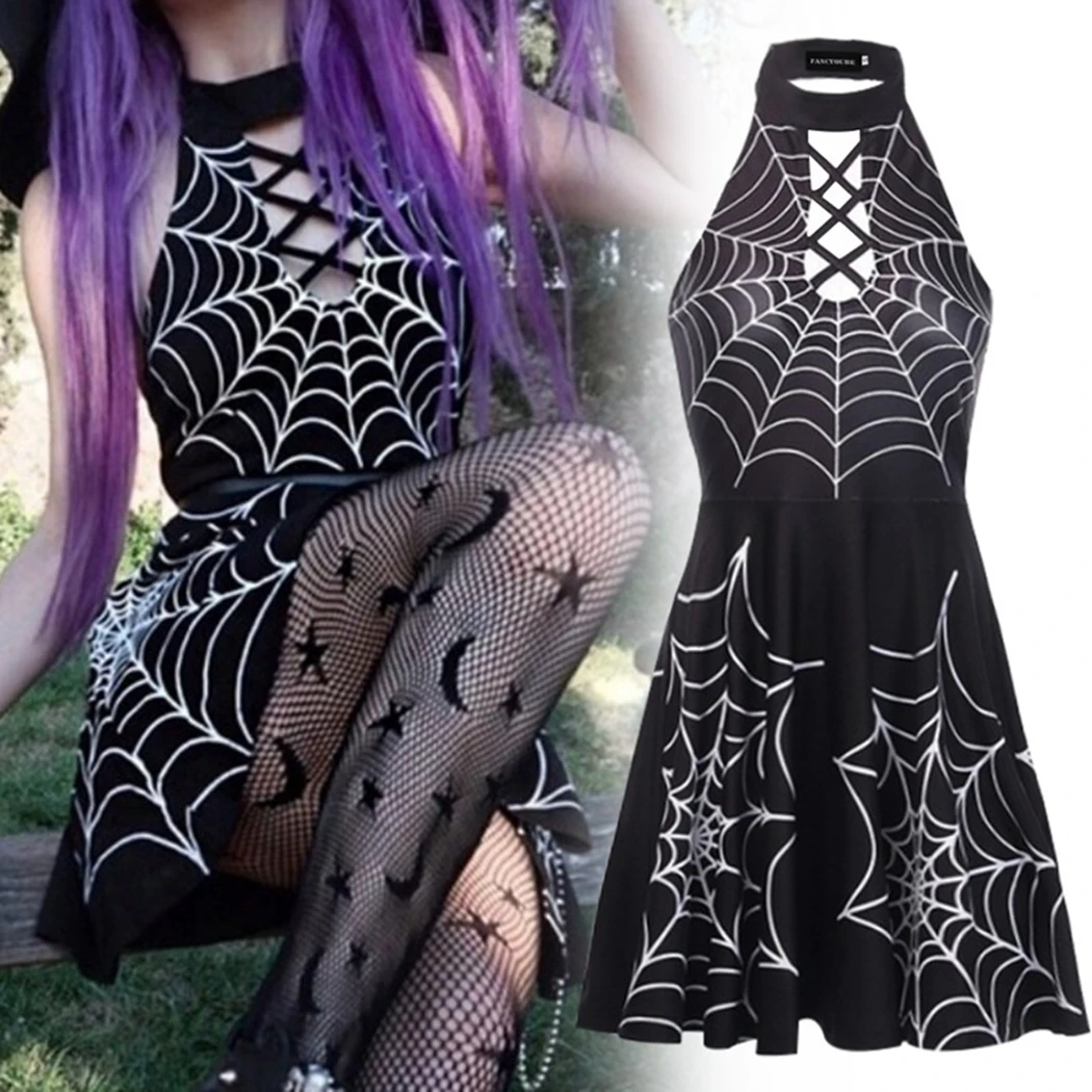 

Sexy Gothic Spider Web Print Dress Women Punk Patchwork Hollow Out Backless Dresses Party Club Crisscross Bandage Halter Dresses