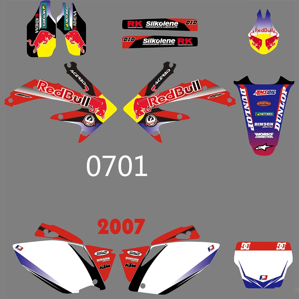 Для HONDA CRF450R CRF450 2007 Графика наклейки на заказ Номер Наименование лента 3M Полный мотоцикл Фоновые наклейки аксессуары