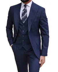 2022 Navy Blue 3Pcs New Style Man Suits Design Business Blazer Trousers Stripe Men Suits Slim Fit Jacket+Pants+Vest Party Wear