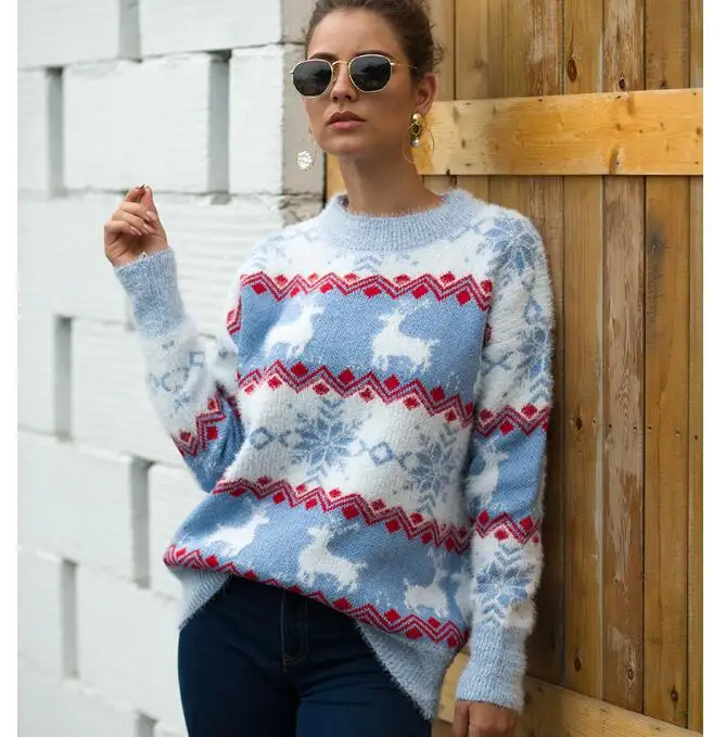 New Loose Pullover Sweater Long Sleeve O-Neck Women Christmas Sweaters Printed knitting plus size feminino Tops | Женская одежда