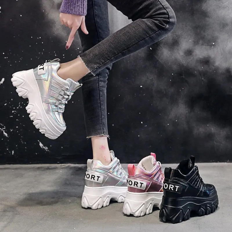 Zapatillas de deporte informales con plataforma para mujer, zapatos  plateados con tacones de 10CM, cuñas de cuero transpirables, para otoño -  AliExpress Calzado