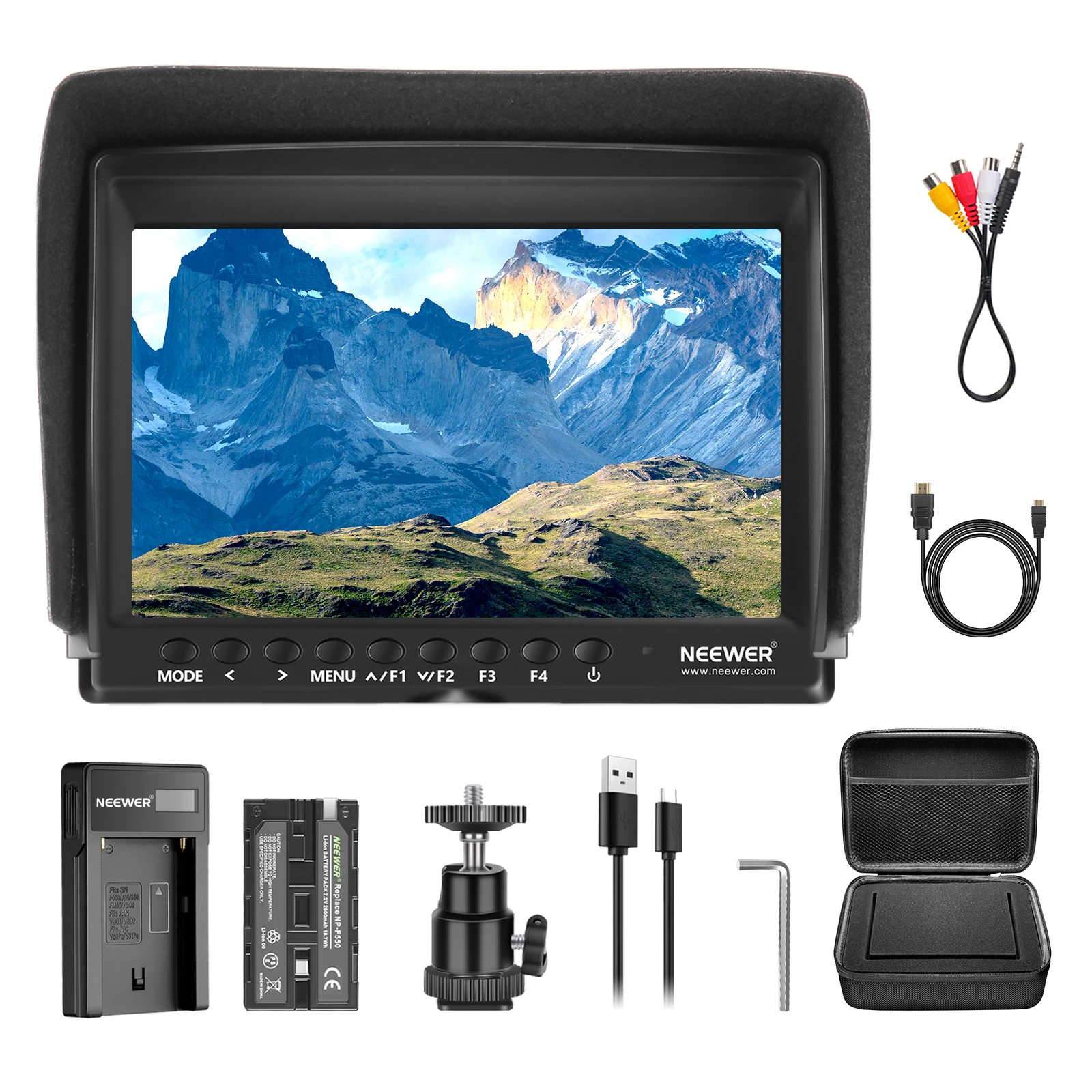 Neewer F100 7 Inch Camera Field Monitor HD Video Assist Slim IPS 1280x800 4K HDMI Input with 2600mAh Li-ion Battery/USB Charger |