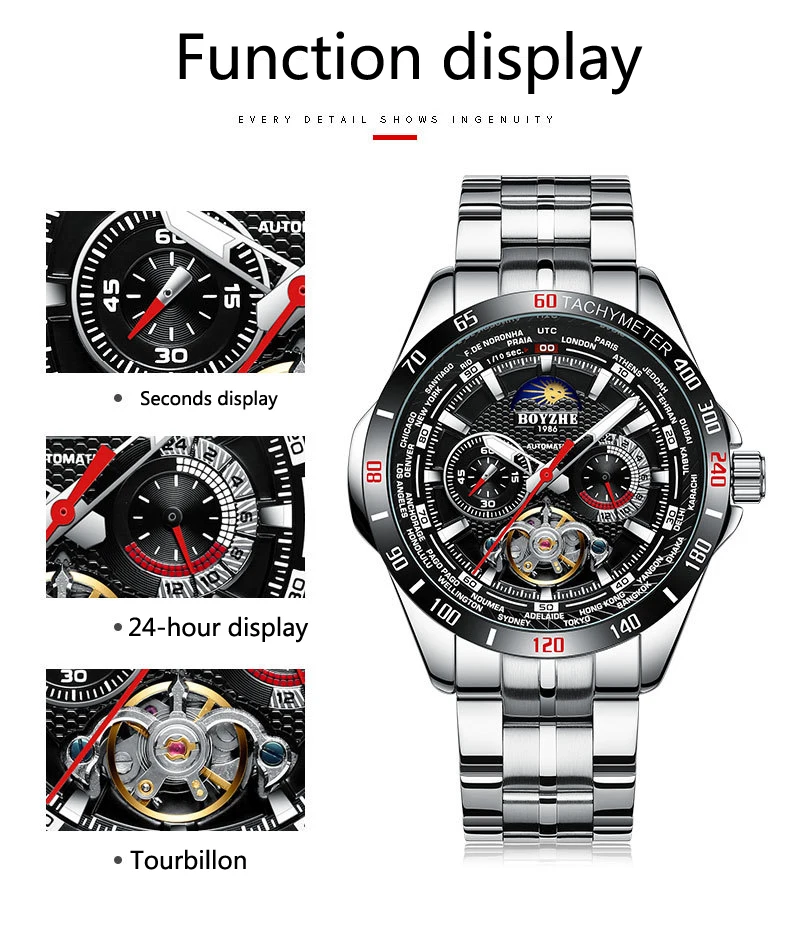 BOYZHE Mechanical Watch Men Stainless steel Waterproof Complete Calendar Military Automatic Tourbillon Watches Montre Relogio