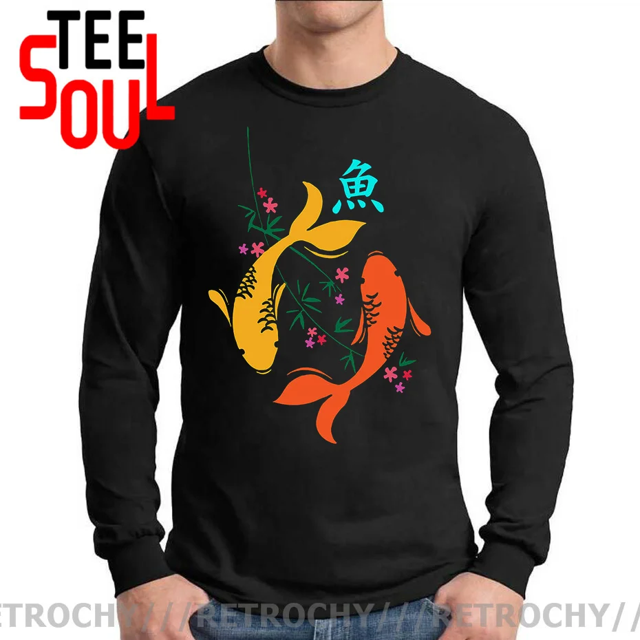 T-Shirt Koi Fortunata In Arrivo Invernale 2021 Per Uomo Manica Lunga Animale Nero Stampato Sulla Maglietta Superiore Design Giapponese Koi Carp Fish A