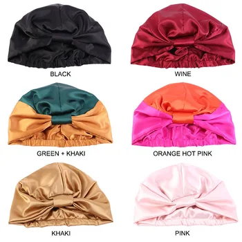 

1Pcs Hair Cap For Sleeping Stretch Imitation Silk Night Hat Contrast Color Knotted Turban Haircaring Double-Layer Chemotherapy