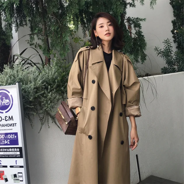 Women 's Trench Coat Mid -length 2021 New Korean Style Elegant Fashion Casual Spring and Autumn Khaki Long Double Breasted Full khaki