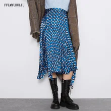 Асимметричный Подол геометрический принт плиссированная Эластичная Высокая талия Женская Повседневная модная синяя юбка с разрезом сбоку