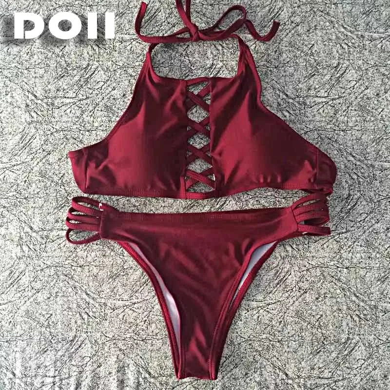 

Cute Sexy Women Bikini Set 2019 Hollow Out Push Up Women Swimwear New Bandage Padded Bathing Suit Swimming Suit Halter Solid