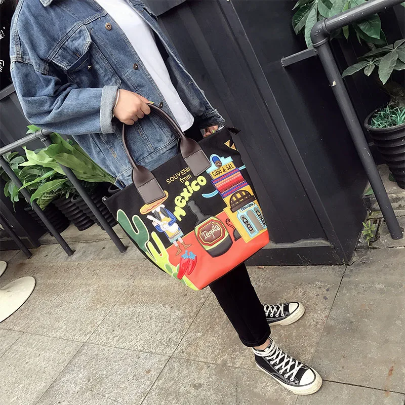 1 Creative Embroidery Bag Stitching Contrast Color Embroidery Korean Handbag New Canvas Bag Shoulder Diagonal Large Bag - Цвет: 1