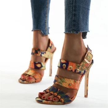 

2020 new Women Summer 12cm High Heels Strap Fetish peacock Sandals Lady Sexy Pumps Female Color matching Dress Stiletto Shoes