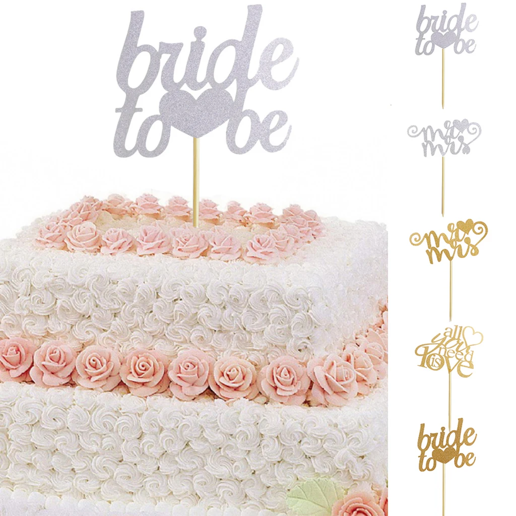 20pcs/set Glitter Paper Wedding Mr & Mrs Heart Cake Cupcake Topper Pick Decor Gold/Silver