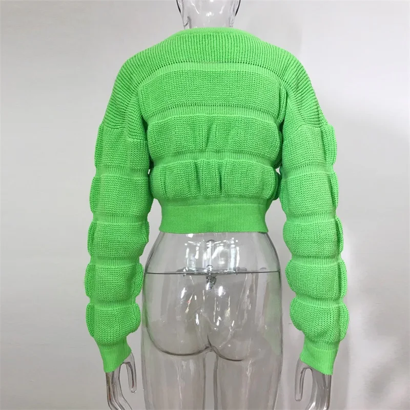 WannaThis красный укороченный свитер с рукавом фонариком для женщин с длинным рукавом Осень Зима топ модная однотонная Повседневная вязаная уличная одежда с круглым вырезом