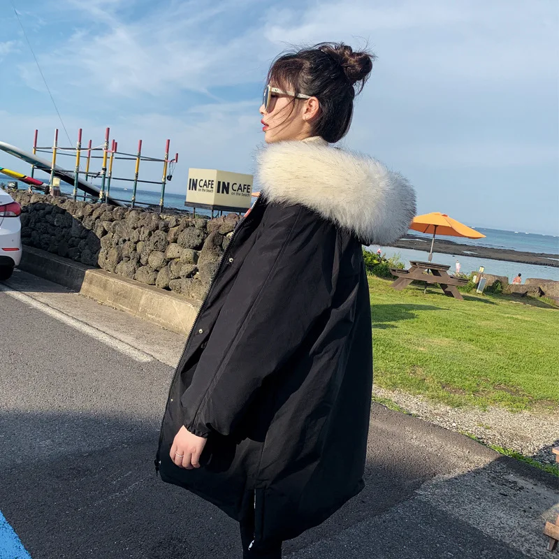 

Ozhouzhan 2019 Winter New Style down Jacket Women's Mid-length Double-sided Wear Large Fur Collar Thick Large Size Cotton Coat