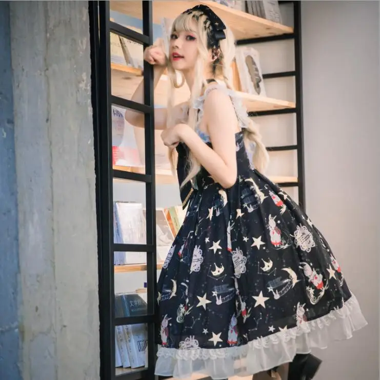 

Princess tea party sweet lolita dress vintage lace bowknot printing high waist victorian dress kawaii girl gothic lolita jsk cos