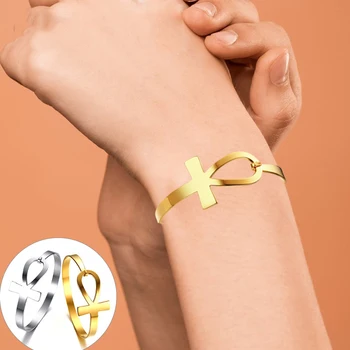 Women's Cross Bracelets, Anti Allergy Stainless Steel Key of Life Bangle Bracelet, Female Egypt Religious Wristband Jewelry