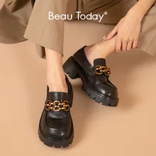 BeauToday-mocasines de plataforma de cuero de vaca para mujer, zapatos informales con punta redonda de Metal, sin cordones, hechos a mano, 27775