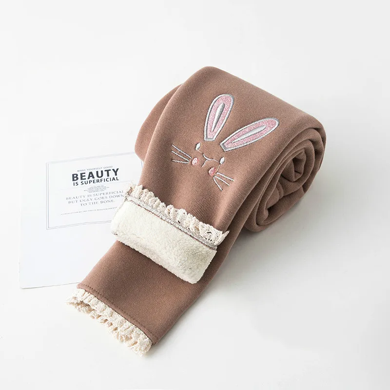 rabbit coffee Зимние теплые флисовые плотные леггинсы для девочек милые штаны для девочек с вышивкой кролика - Цвет: rabbit coffee