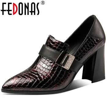 

FEDONAS 2020 Newest Genuine Leather Women's Shoes Metal Decorartion Pointed Toe High Heels Pumps Night Club Party Shoes Woman