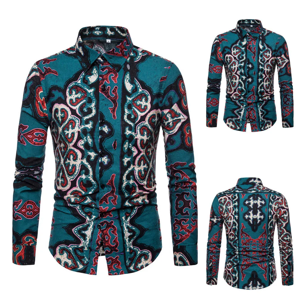 Homens da camisa Цветочные Восьмиугольные импрессо Baixo Camisa hawaiana camisa Manga longa camisas de Roupas Цветочные masculina 10,4