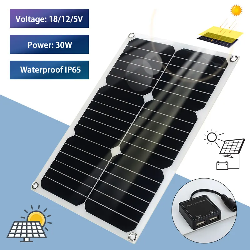 

18/12/5V 30W Portable sunpower Solar Panel high efficiency battery board Charger Travel Waterproof Flexible Solar Panel Plate