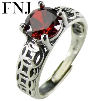 

FNJ 925 Silver Ring Coins Red Black Zircon New Fashion Original S925 Sterling Silver Rings for Women Jewelry Adjustable Size
